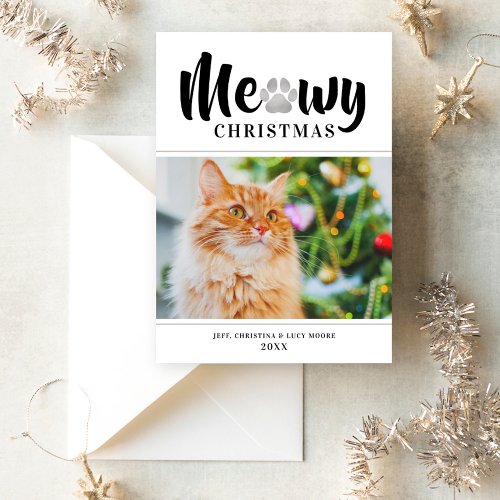 Meowy Christmas Silver Cat Pet Photo Holiday Card