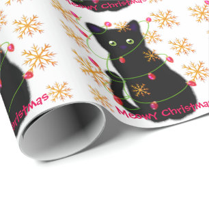 Meowy Christmas   sparkling gold snowflakes  Wrapping Paper