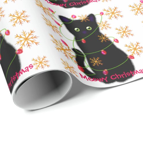 Meowy Christmas  sparkling gold snowflakes  Wrapping Paper