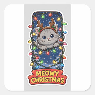 Meowy Christmas Sticker — Gray Kitten Reindeer Ant