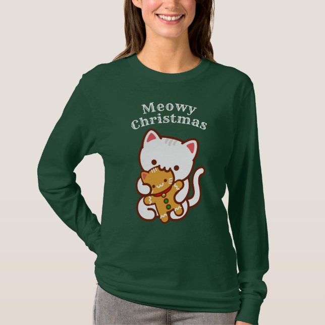 Meowy Christmas T-Shirt: Hungry Cat Gingerbread T-Shirt (Front)