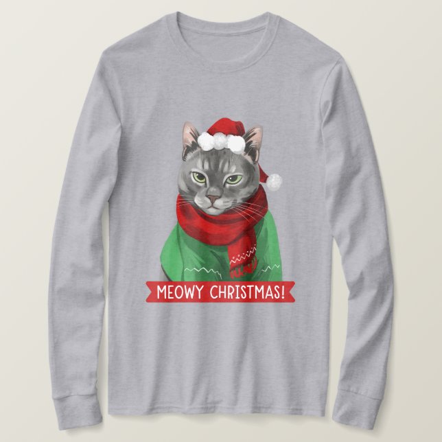 Meowy Christmas T-Shirt, Maybelle the Gray Tabby T-Shirt (Design Front)