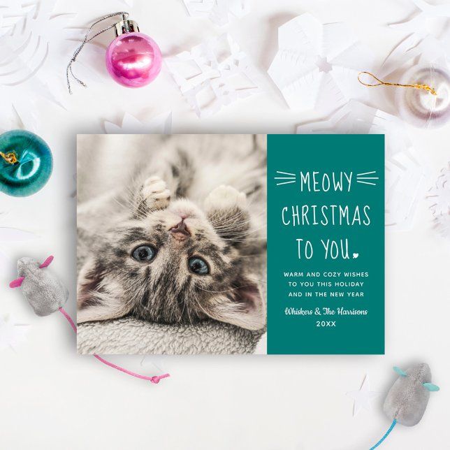 Meowy Christmas Teal Cat Photo Stripes Holiday Card (Creator Uploaded)