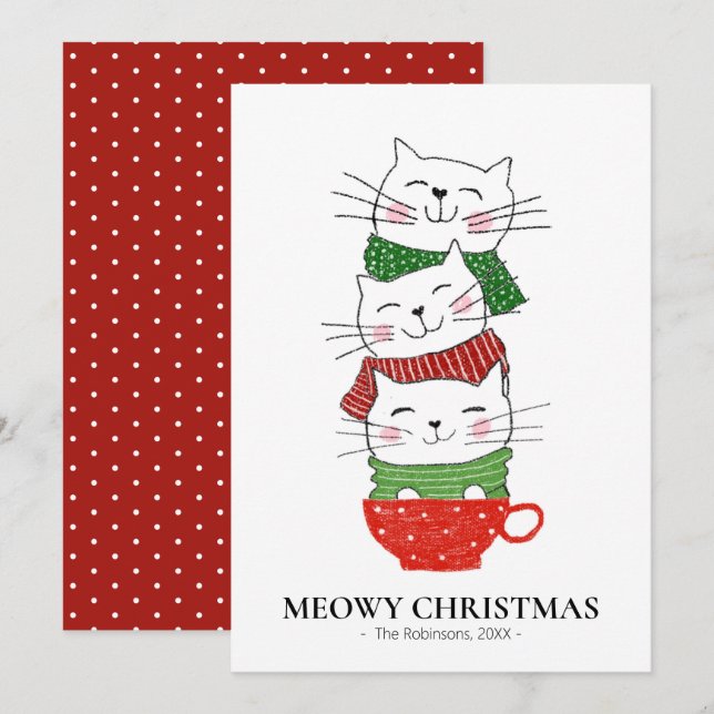Meowy Christmas Three Cats Cup Scarves Funny Cute Holiday Card (Front/Back)