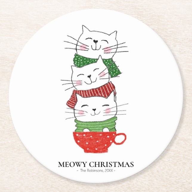Meowy Christmas Three Cats Cup Scarves Funny Cute Round Paper Coaster (Front)