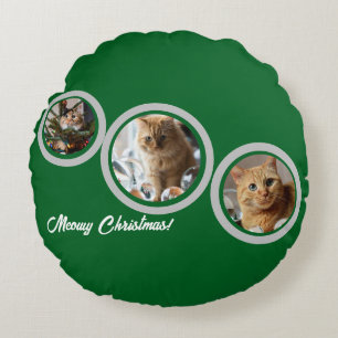 Meowy Christmas Three Cats Photos Customize  Round Pillow