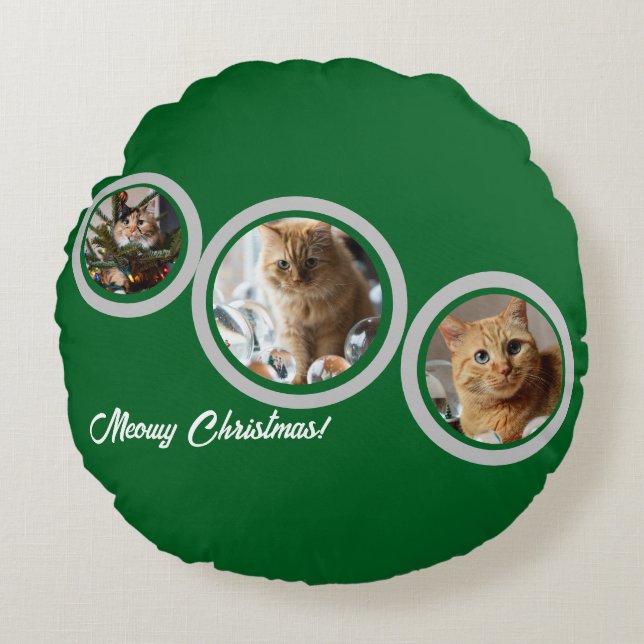 Meowy Christmas Three Cats Photos Customize  Round Pillow (Front)