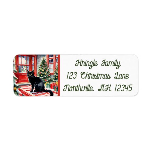 Meowy Christmas Tree  Black Cat Return Address  Label