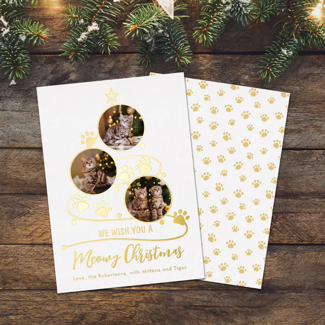 Meowy Christmas Tree Cat 3 Photos Pets Foil Holiday Card | Zazzle