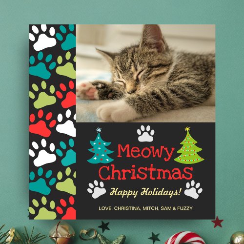 Meowy Christmas Tree Doodle Paw Print Cat Photo Holiday Card