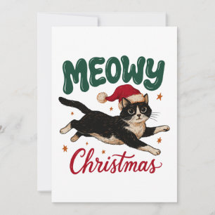 Meowy Christmas Tuxedo Cat Leaping Wearing Hat Invitation