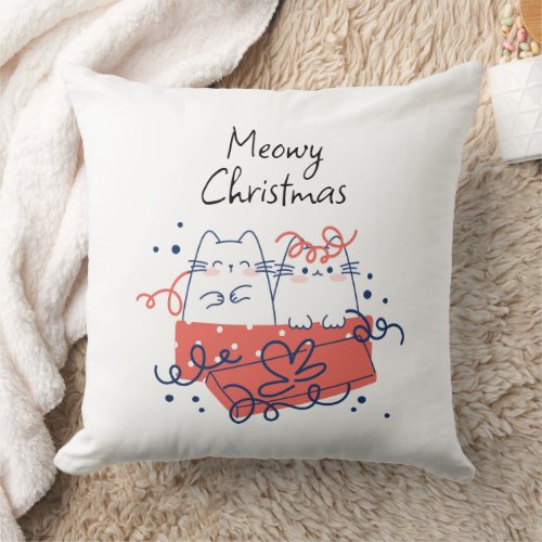 Meowy Christmas Two Cats in a Box  Throw Pillow