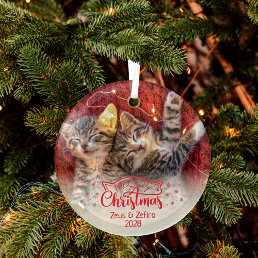 Meowy Christmas two pictures fun cat pet lover Glass Ornament