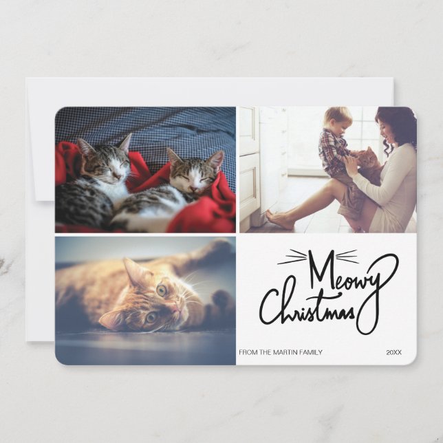 Meowy Christmas Unique Cat Themed Funny 3 Photo Holiday Card (Front)
