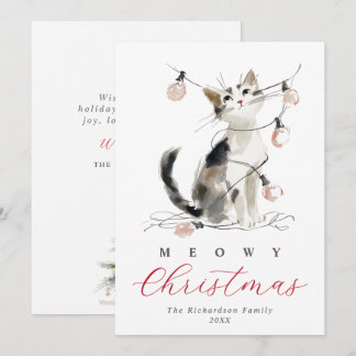 Meowy Christmas Watercolor Cat & Lights Holiday Card