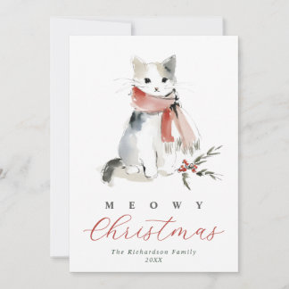Meowy Christmas Watercolor Cat & Red Scarf Holiday Card