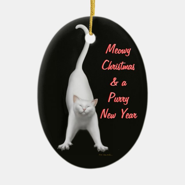 Meowy Christmas White Cat Customizable Ornament (Front)