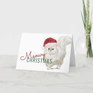 Meowy Christmas White Persian Cat Watercolor Holiday Card