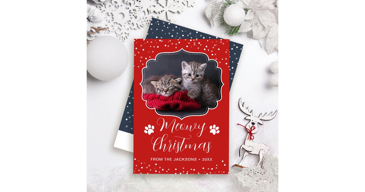 Meowy Christmas White Script Pet Cat Photo Holiday Card | Zazzle