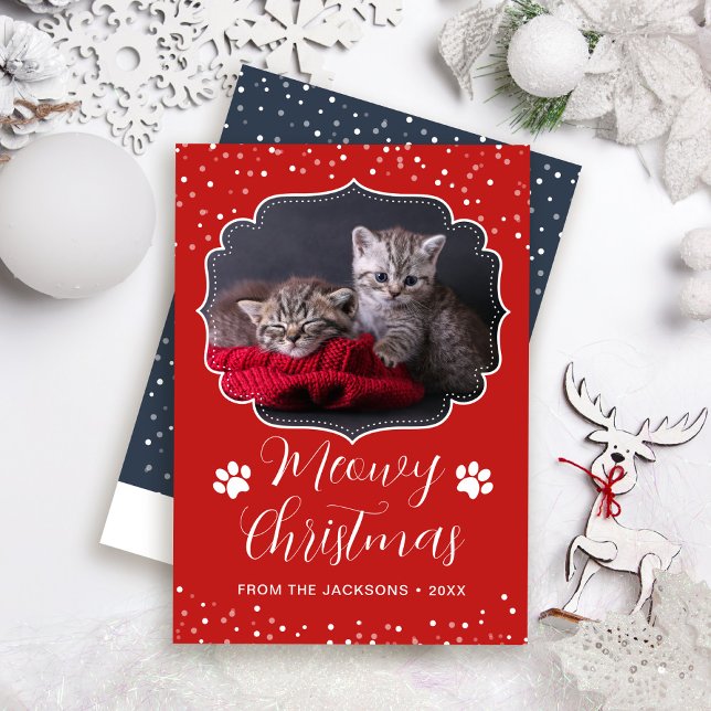 Meowy Christmas White Script Pet Cat Photo Holiday Card (Creator Uploaded)