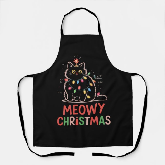 Meowy Christmas Xmas Lights Black Cat Pajamas  Apron (Front)