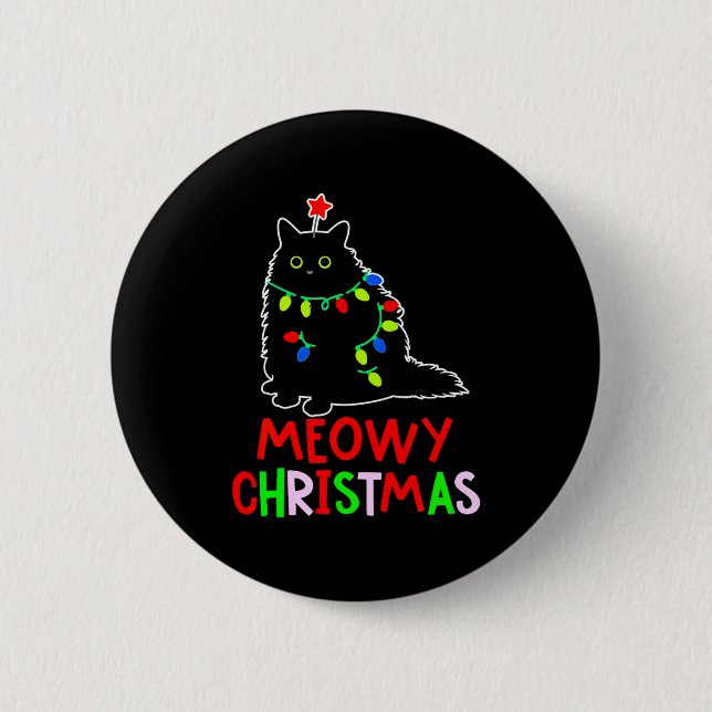Meowy Christmas Xmas Lights Black Cat Pajamas  Button (Front)