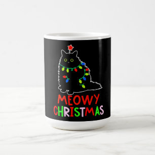 Meowy Christmas Xmas Lights Black Cat Pajamas Color Morph Mug