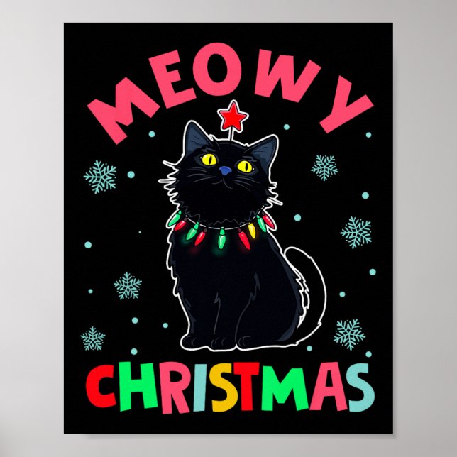 Meowy Christmas Xmas Lights Black Cat Pajamas Fami Poster (Front)