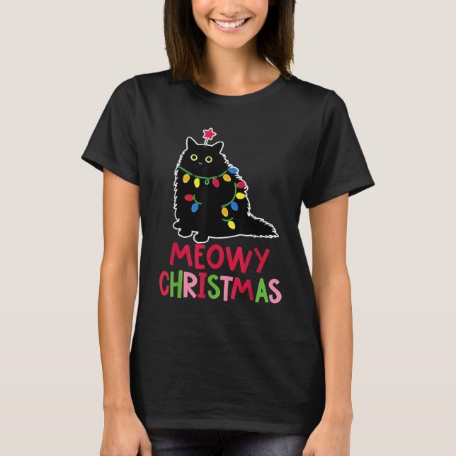 Meowy Christmas Xmas Lights Black Cat Pajamas Fami T-Shirt (Front)