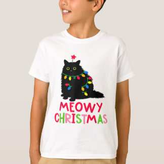 Meowy Christmas Xmas Lights Black Cat Pajamas Fami T-Shirt
