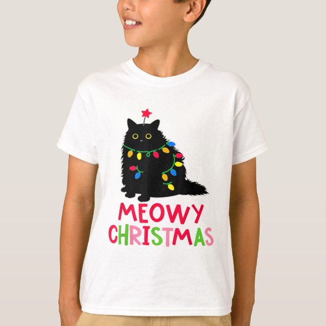 Meowy Christmas Xmas Lights Black Cat Pajamas Fami T-Shirt (Front)