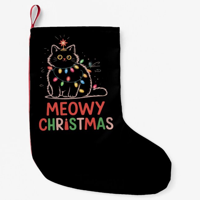 Meowy Christmas Xmas Lights Black Cat Pajamas  Small Christmas Stocking (Front)