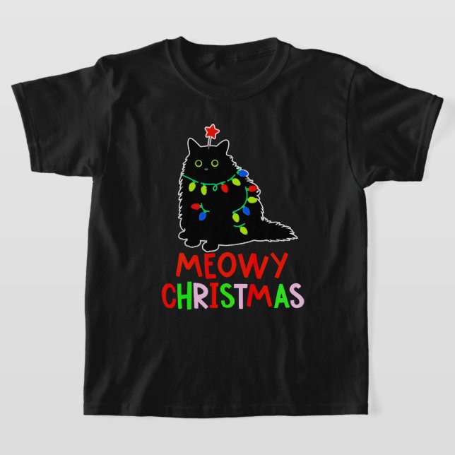 Meowy Christmas Xmas Lights Black Cat Pajamas  T-Shirt (Laydown)
