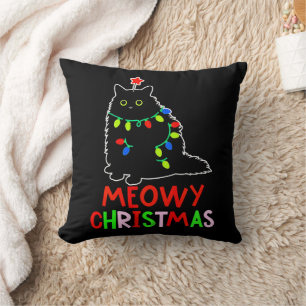 Meowy Christmas Xmas Lights Black Cat Pajamas  Throw Pillow