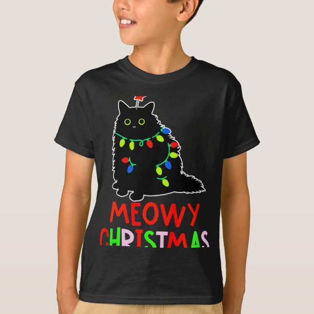 Meowy Christmas Xmas Lights Black Cat Pajamas Todd T-Shirt (Front)