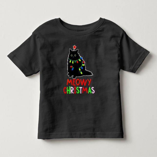 Meowy Christmas Xmas Lights Black Cat Pajamas  Toddler T-shirt (Front)
