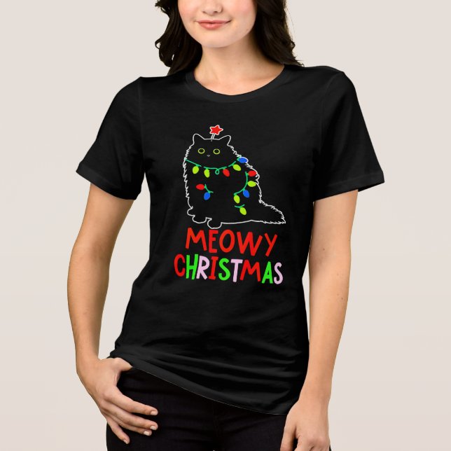 Meowy Christmas Xmas Lights Black Cat Pajamas  Tri-Blend Shirt (Front)