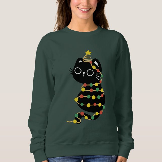 Meowy Christmas Xmas Lights Black Cat  Sweatshirt (Front)