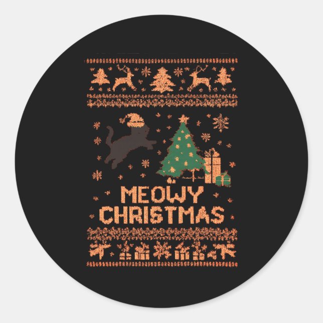 Meowy Christmas Xmas Tree Cat Ugly Sweater Pajamas Classic Round Sticker (Front)