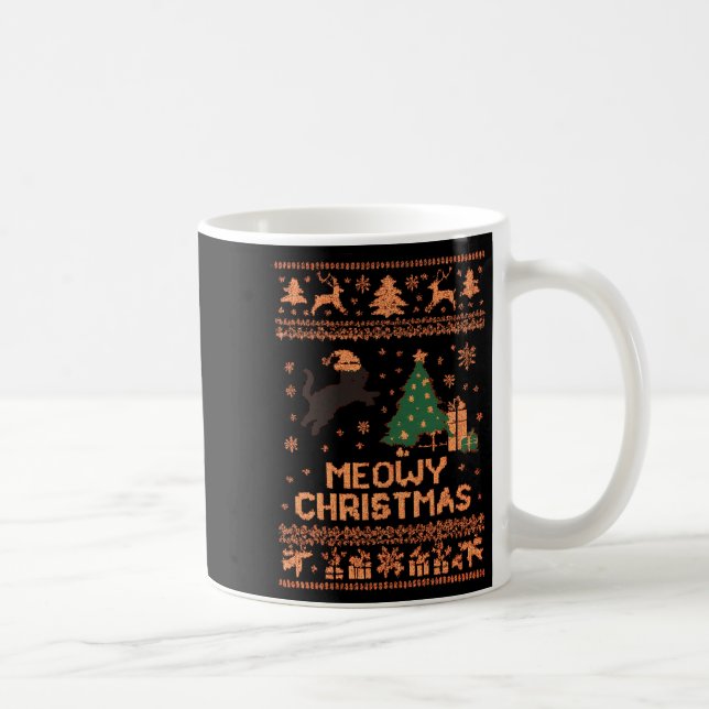 Meowy Christmas Xmas Tree Cat Ugly Sweater Pajamas Coffee Mug (Right)
