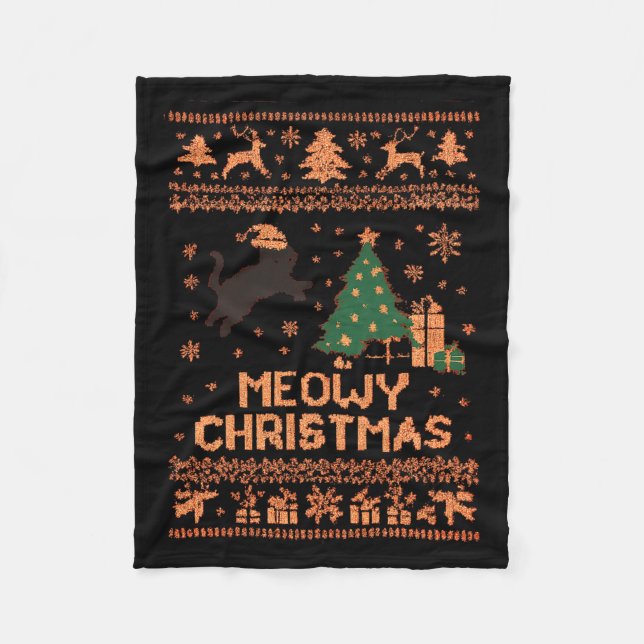 Meowy Christmas Xmas Tree Cat Ugly Sweater Pajamas Fleece Blanket (Front)