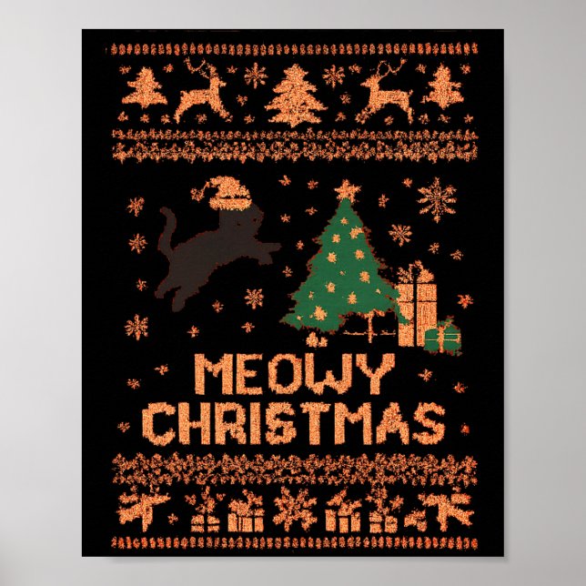 Meowy Christmas Xmas Tree Cat Ugly Sweater Pajamas Poster (Front)