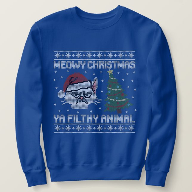 Meowy Christmas Ya Filthy Animal - Cat Head Design Sweatshirt (Design Front)