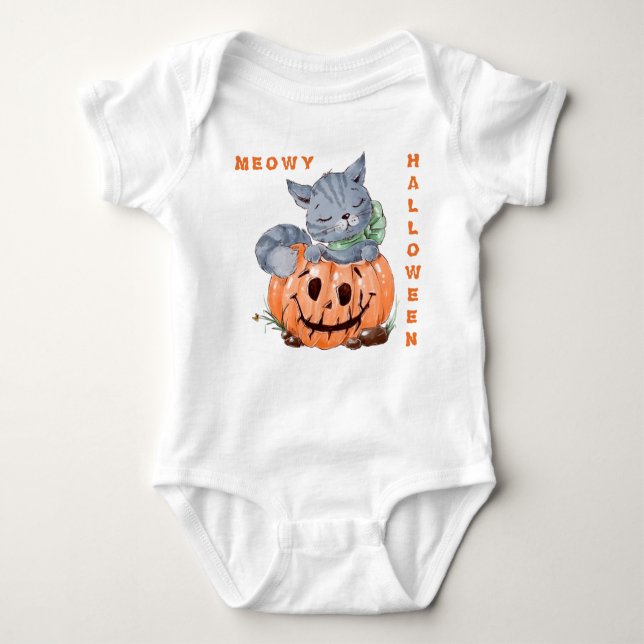 Meowy Jack o' Lantern Kitten Halloween Baby Bodysuit (Front)