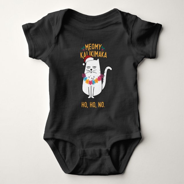 Meowy Kalikimaka Funny Cat Santa Hat Christmas Baby Bodysuit (Front)