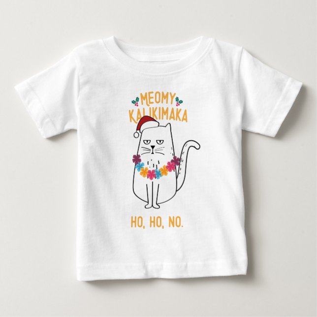 Meowy Kalikimaka Funny Cat Santa Hat Christmas Baby T-Shirt (Front)