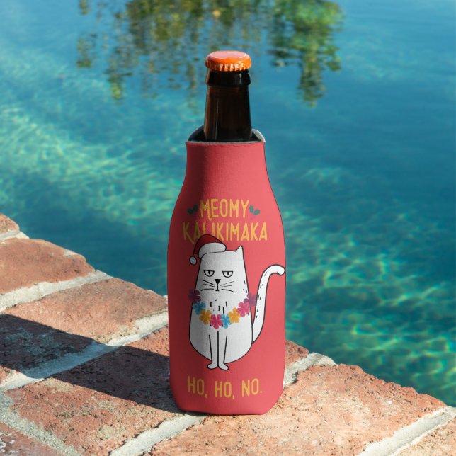Meowy Kalikimaka Funny Cat Santa Hat Christmas Bottle Cooler (In Situ Pool)