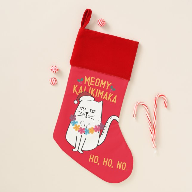 Meowy Kalikimaka Funny Cat Santa Hat Christmas Christmas Stocking (Front)