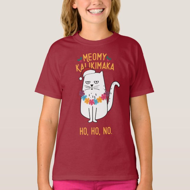 Meowy Kalikimaka Funny Cat Santa Hat Christmas T-Shirt (Front)