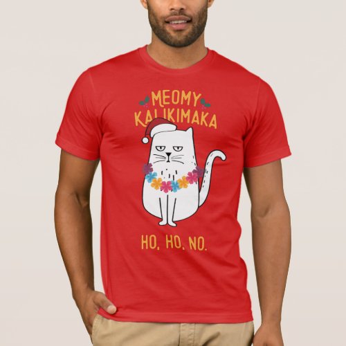 Meowy Kalikimaka Funny Cat Santa Hat Christmas T_Shirt